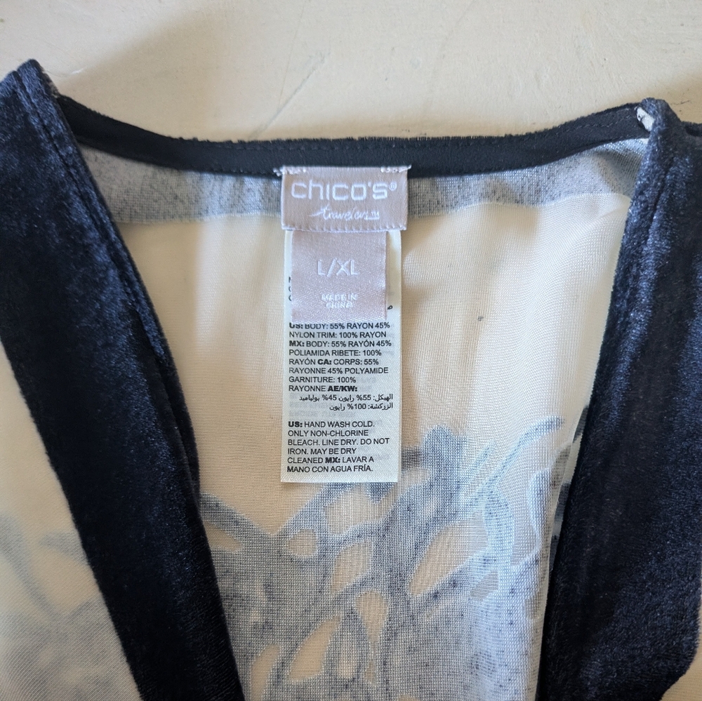 Chico's travelers SheerNavy Floral Burnout Velvet Fringe Kimono SZ L/XL - Picture 3 of 4